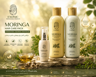 پک شامپو تقویت کننده و نرم کننده مو و روغن مورینگا Exonic